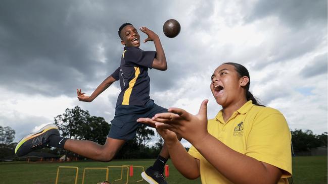 Year 6 St Paul's student Geba Kamara, left, and Year 5 student Matty Fualema. Image: Peter Wallis.