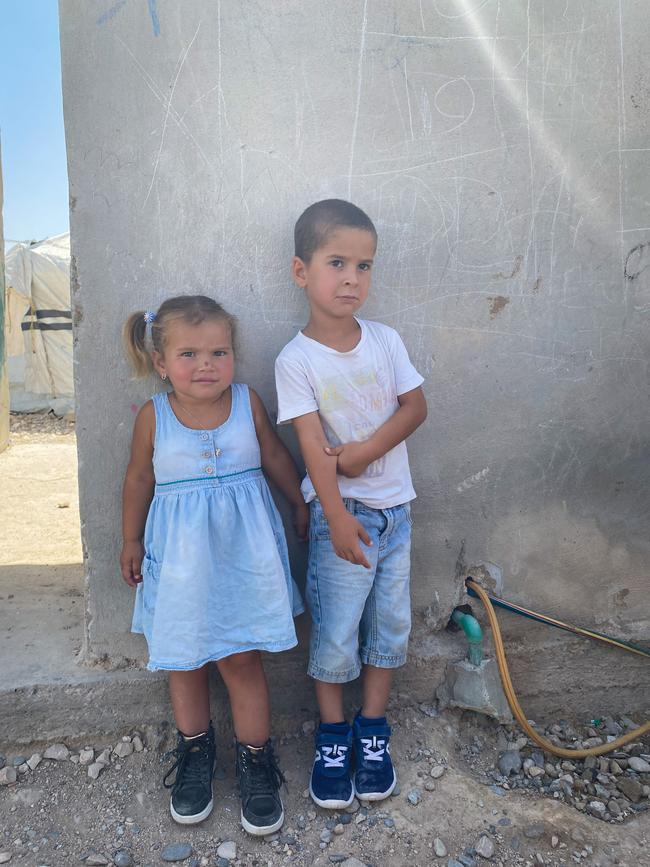 Australian children Mariam, 3, and Abdul Rahman, 4, in al-Roj camp. They’ve never experienced life outside the wire. Picture: Ellen Whinnett / The Australian