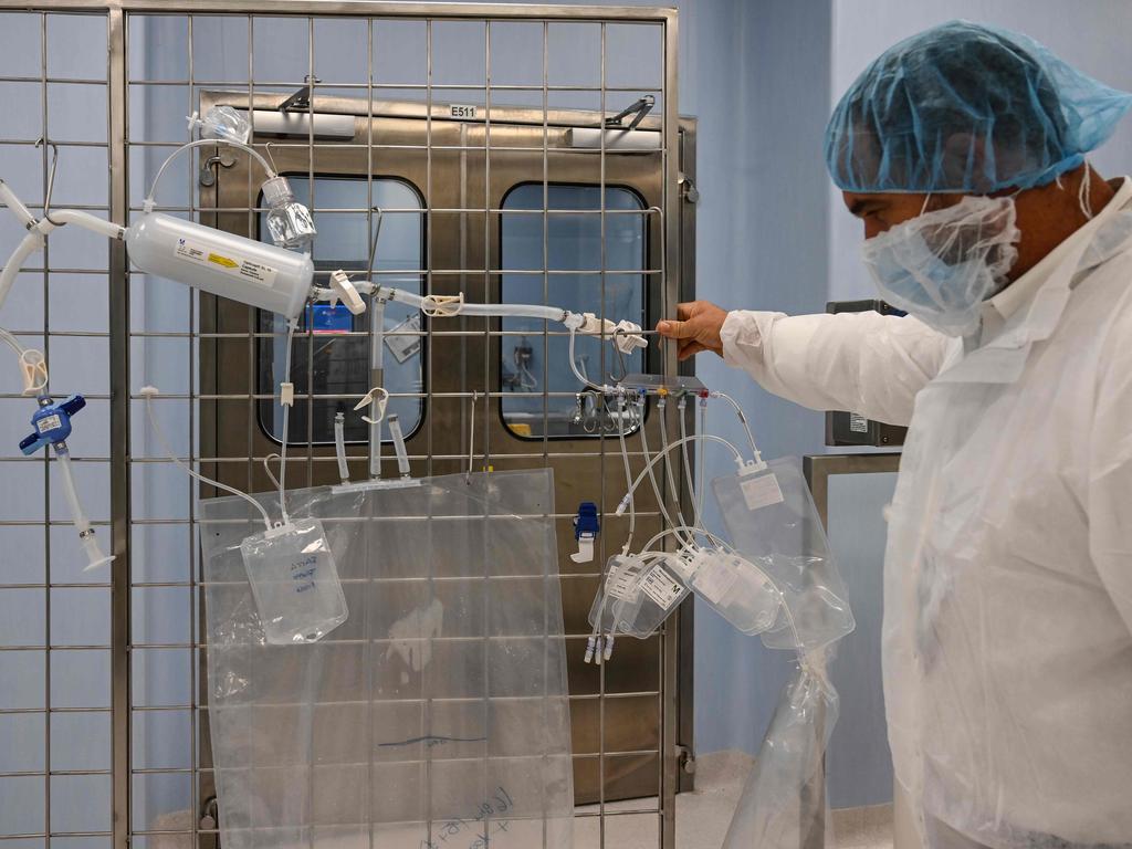 A laboratory technician supervises filling and packaging tests for the large-scale production and supply of the University of Oxford’s COVID-19 vaccine candidate, AZD1222. Picture: Vincenzo Pinto/AFP