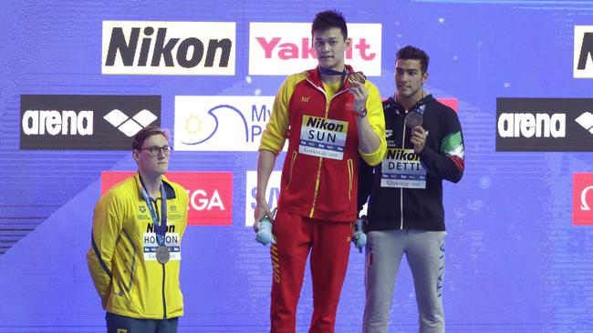 Mack Horton and his protest against Sun Yang at last year’s world championships.