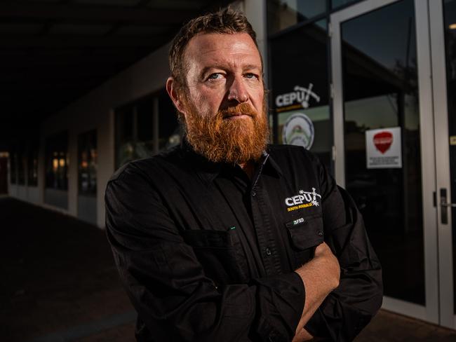 Sean Gibbons was struck down with lead poisoning last year because of alleged negligence by AGL while working at their Torrens Island plant, pictured on July 5th, 2024, outside the CEPU Office in Port Adelaide.Picture: Tom Huntley