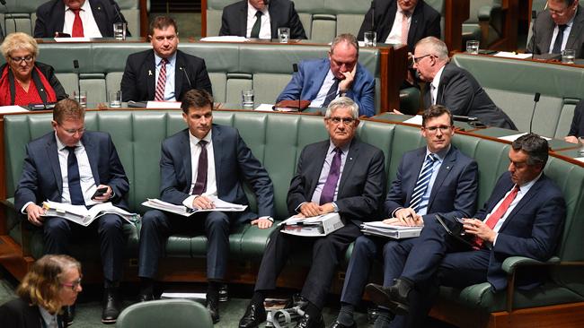 Minister for Small Business Craig Laundy, Minister for Cyber Security Angus Taylor, Minister for Aged Care Ken Wyatt, Minister for Citizenship Alan Tudge and Minister for Veterans Affairs Darren Chester during Question Time last week. The next cabinet should have quite a different look as Scott Morrison tries to make factions work together.