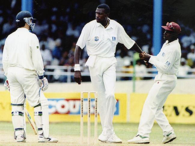 Curtly Ambrose clashes with Steve Waugh during their infamous run in.