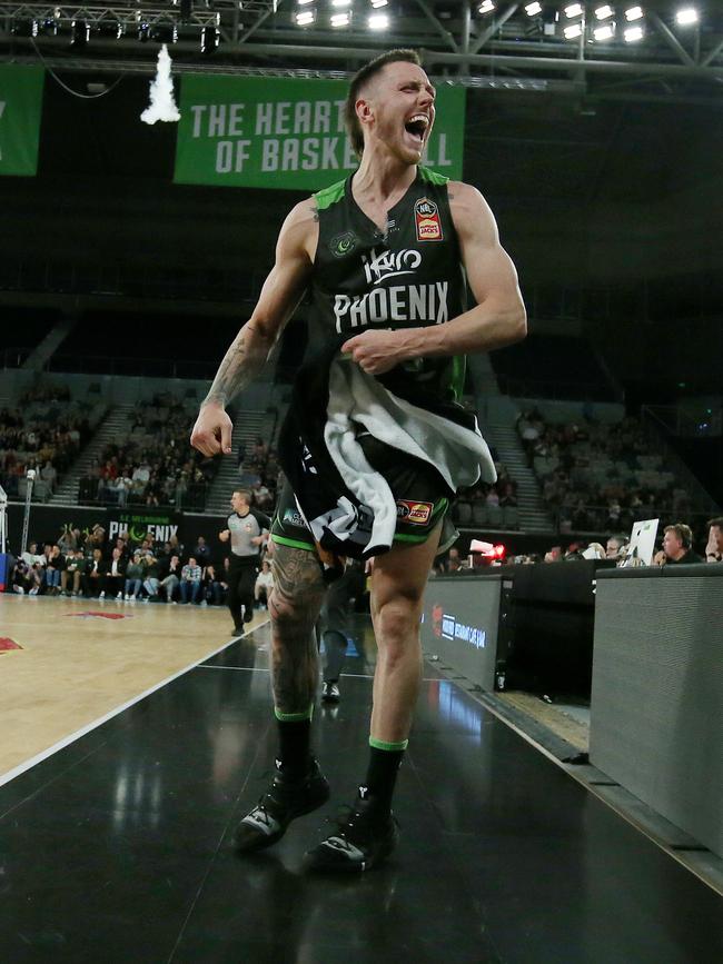 A fired up Mitch Creek celebrates the Phoenix’s comeback against Adelaide. Picture: Michael Klein