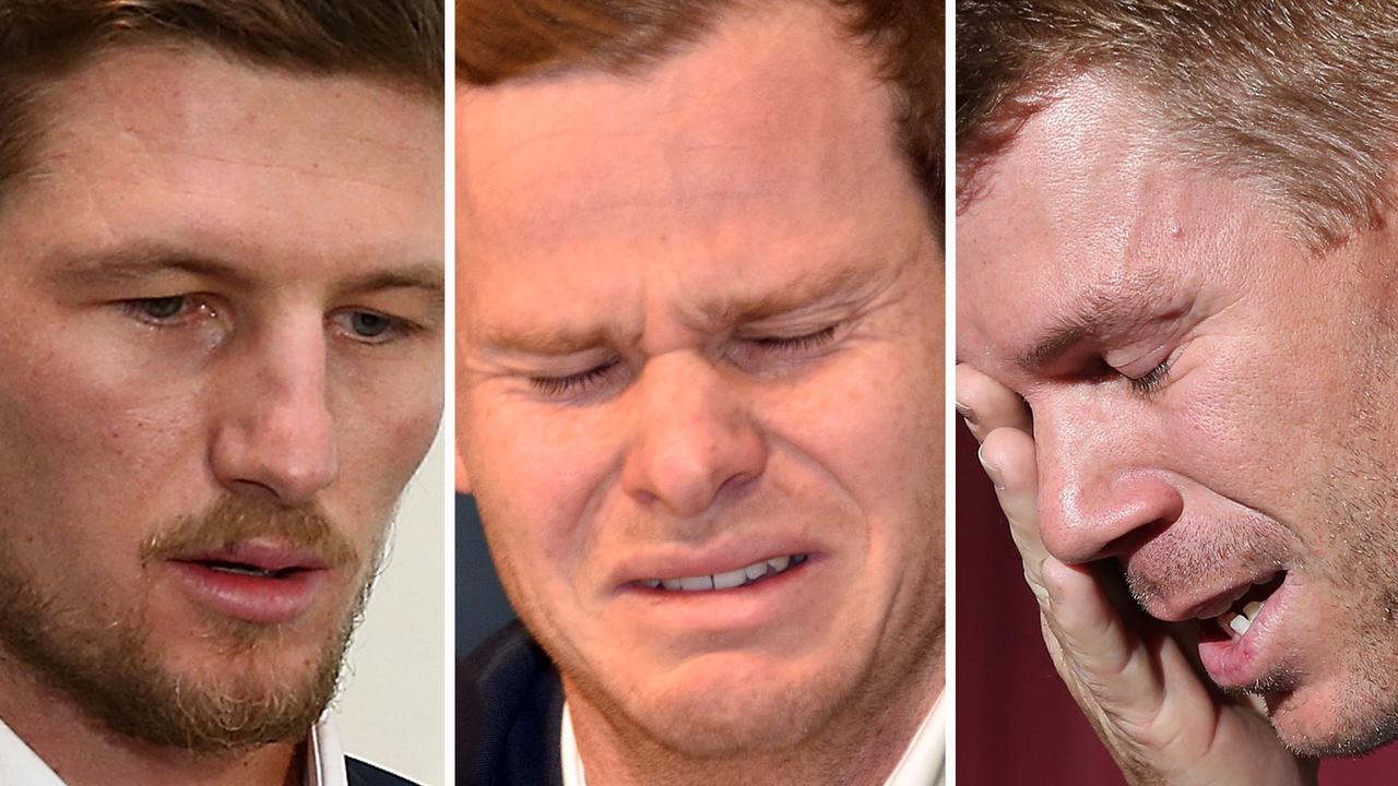 COMPOSITE IMAGE — Cameron Bancroft, Steve Smith and David Warner. TOPSHOT — Cricketer Steve Smith reacts at a press conference at the airport in Sydney on March 29, 2018, after returning from South Africa. Distraught Australian cricketer Steve Smith on March 29 accepted full responsibility for a ball-tampering scandal that has shaken the sport, saying he was devastated by his "big mistake". / AFP PHOTO / PETER PARKS / -- IMAGE RESTRICTED TO EDITORIAL USE — STRICTLY NO COMMERCIAL USE —