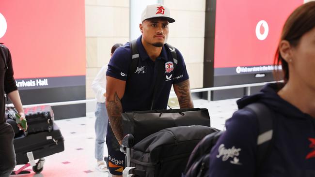 Spencer Leniu arrives back in Sydney after the Las Vegas game. Picture: Rohan Kelly