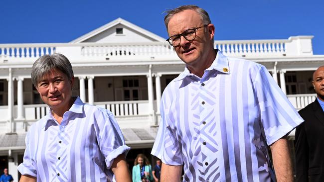 Anthony Albanese and Penny Wong arrive for a press conference at the Pacific Islands Forum in Suva on July 13, 2022. Picture: AFP