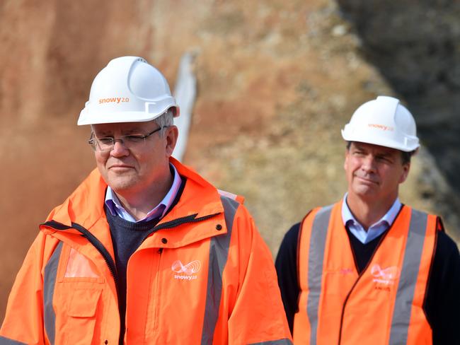 Prime Minister Scott Morrison and Minister for Energy Angus Taylor at a press conference at the start of the drilling for Snowy 2.0 at Lobs Hole, near Mount Selwyn in the Snowy Mountains. Tuesday, June 30, 2020. (AAP Image/Mick Tsikas) NO ARCHIVING