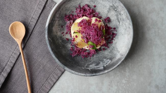 Buttermilk custard, kiwi, red cabbage. Picture: Rebecca Michael