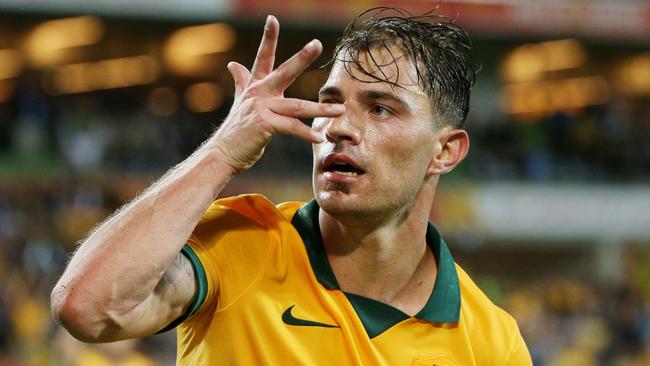 Asian Cup: Socceroos v Kuwait at Melbourne Rectangular Stadium, Australia's James Troisi score's Australia's 4th goal. Melbourne. 9th January 2015. Picture: Colleen Petch.