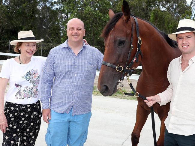 Gold Coast Turf Club board member Luke Henderson is a part owner of the Gai Waterhouse-trained Terminology that will be running at the Gold Coast race track on Saturday with the hope of qualifying for the $2 million Magic Millions two-year-old Classic.Photo of them with co-trainer Adrian Bott (R) and the horse.Photo by Richard Gosling