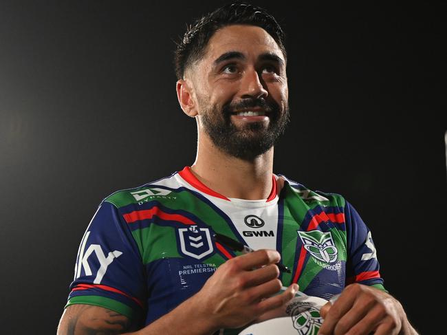 AUCKLAND, NEW ZEALAND - MARCH 08: Shaun Johnson of the Warriors talks to fans during the round one NRL match between New Zealand Warriors and Cronulla Sharks at Go Media Stadium Mt Smart, on March 08, 2024, in Auckland, New Zealand. (Photo by Hannah Peters/Getty Images)