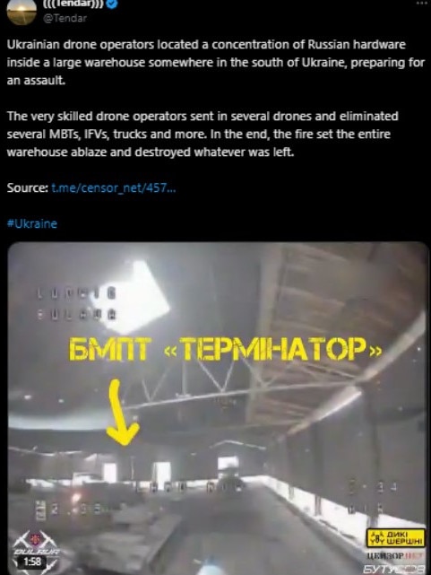 A tweet states that Ukrainian drone operators located a concentration of Russian hardware inside a large warehouse in south Ukraine, preparing for an assault. Picture: @Tendar/X