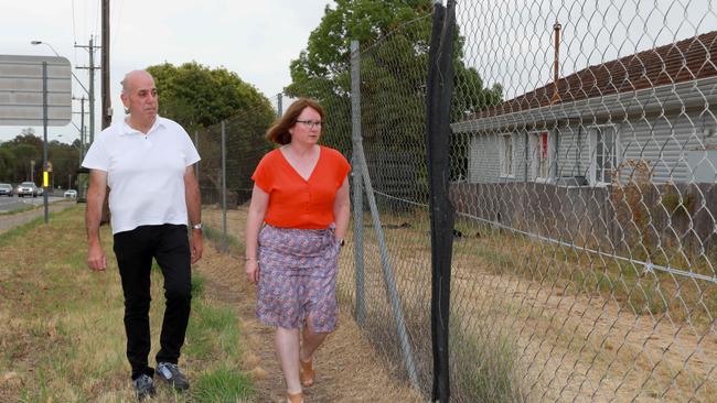 Parramatta councillors Pierre Esber and Donna Davis at vacant land they want to be converted into a slip lane. Picture: Angelo Velardo