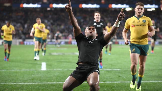 New Zealand’s Sevu Reece celebrates his try against Australia at Eden Park last year. Four Bledisloe Tests this year is good news for fans, but maybe not so good for the Wallabies’ world ranking. Picture: Getty Images