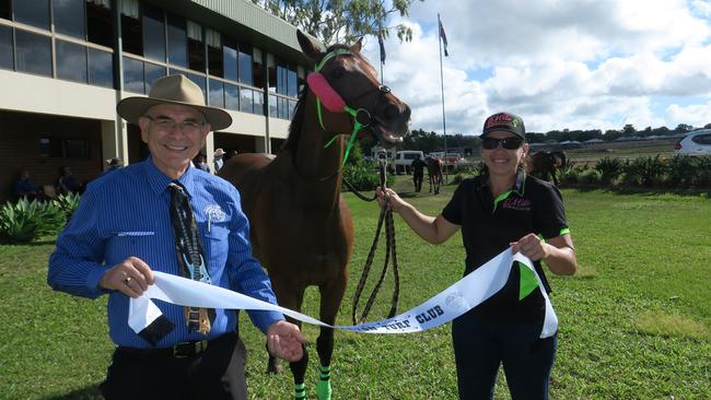 Owner Sharlee D'Avila with the winner of the Big Pub Malanda Hotel Benchmark 65 Handicap over 1400m, Lake Hillier with Atherton Jockey Club's Joe Paronella at the presentation.