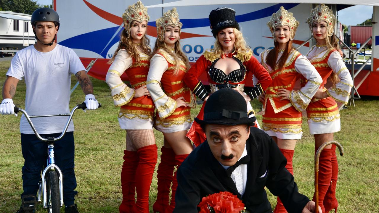 The Great Moscow Circus has arrived in Mackay after a week in Moranbah. From left to right: BMX rider Luis Rincon, dancers Tianni and Tanika Weber, vocalist Diana Holt, dancers Wonona and Tahlia Weber and clown Gagik (front).