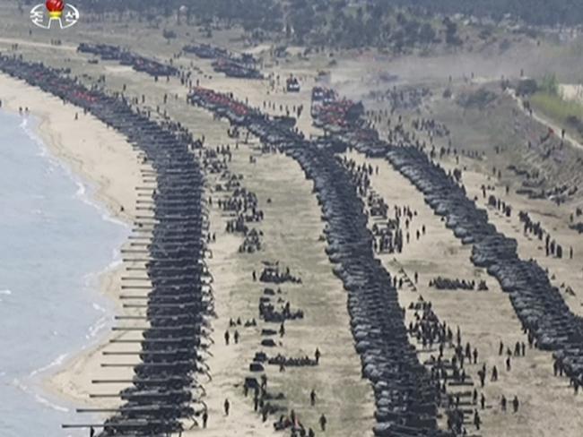 North Korea lines up its arsenal on the beach. Picture: KRT via AP Video
