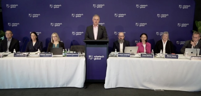 WiseTech chair Richard Dammery (centre) and fellow directors, including Maree Isaacs (far right) at the company's AGM.