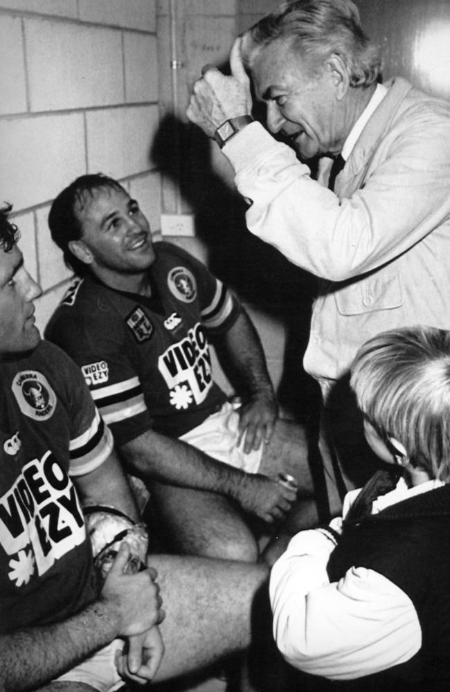 Gary Coyne (centre) with then prime minister Bob Hawke, Mr Hawke’s grandson David Dillon and Canberra Raiders teammate Brent Todd after their win over Canterbury at Bruce Stadium in 1991