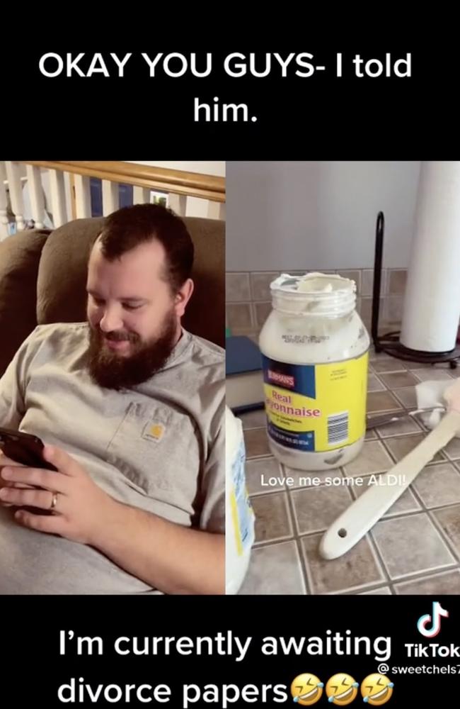 After going viral, she showed her bemused husband the video confession. Picture: TikTok/@mayoswindler