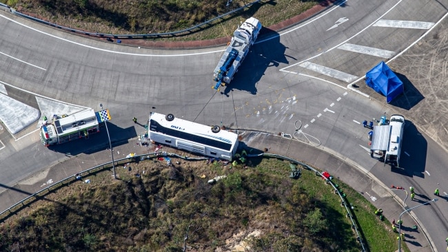 The bus driver allegedly boasted about the speed he was travelling at before it flipped at a major roundabout in the Hunter region. Picture: NCA NewsWire / Christian Gilles