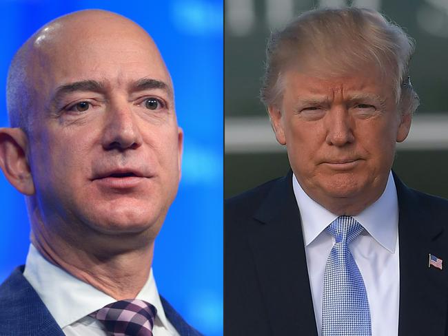 (COMBO) This combination of pictures created on March 29, 2018 shows a file photo taken on January 28, 2016, Washington Post owner Jeff Bezos speaking during the inauguration of the Washington Post Headquarters on January 28, 2016 in Washington, DC.   A file photo taken on March 14, 2018 US President Donald Trump makes his way from Marine One to board Air Force One before departing from Los Angeles International Airport in Los Angeles on March 14, 2018.   US President Donald Trump took a  new swipe at Amazon on March 29, 2018, claiming the tech giant fails to pay its share of taxes and takes advantage of the US Postal Service. A tweet by the president about Amazon -- a company he also criticized while on the campaign trail -- renewed concerns that the online giant could face scrutiny by antitrust regulators. / AFP PHOTO / Mandel Ngan AND MANDEL NGAN