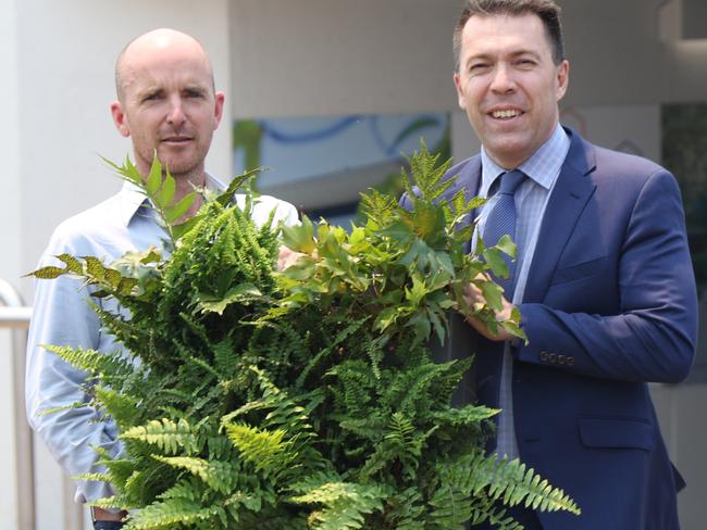 Junglefy managing director and co-founder Jock Gammon with Campbelltown Mayor George Brticevic. A 'breathing wall' is to be installed on the Hurley St underpass, near Campbelltown Station, in February 2020.