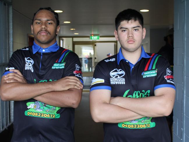 Aaron Ambrum and Kai Cooper of the Innisfail Leprechauns before the under 17s Far North Queensland Rugby League grand final against Brothers at Barlow Park. Picture: Jake Garland