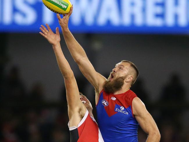 Max Gawn wins a ruck tap over Rowan Marshall. Picture: Michael Klein