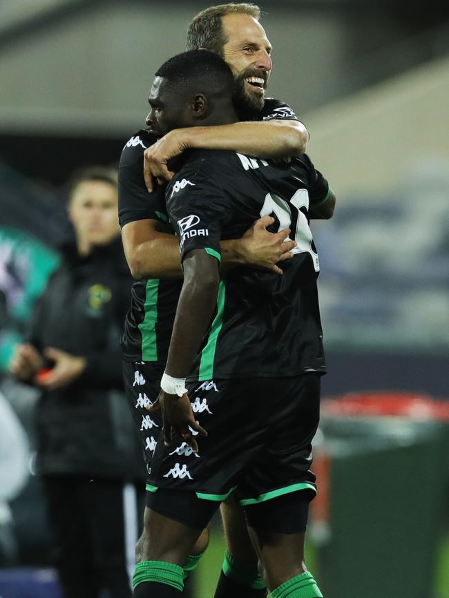 Andrew Durante of Western United celebrates with goal scorer Kwabena Appiah-Kubi. Picture: Getty Images
