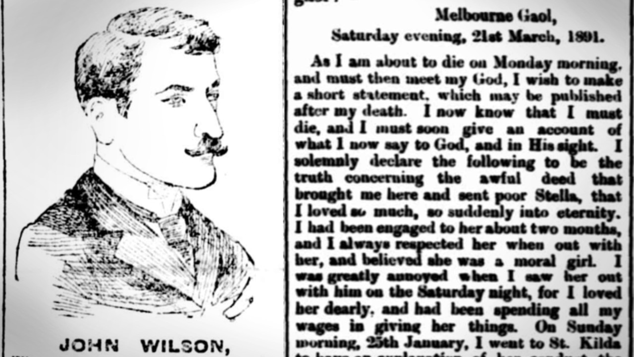 A newspaper illustration of killer tram conductor John Wilson, and the statement published after his hanging. Pictures: Trove