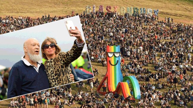 Glastonbury festival founder Michael Eavis, 83, poses with a festival goer as the gates open at Glastonbury 2019. “Forty-nine years and still going strong,” he said. Pictures: Inset-Leon Neal/Getty/ Main: Oli Scarff/AFP