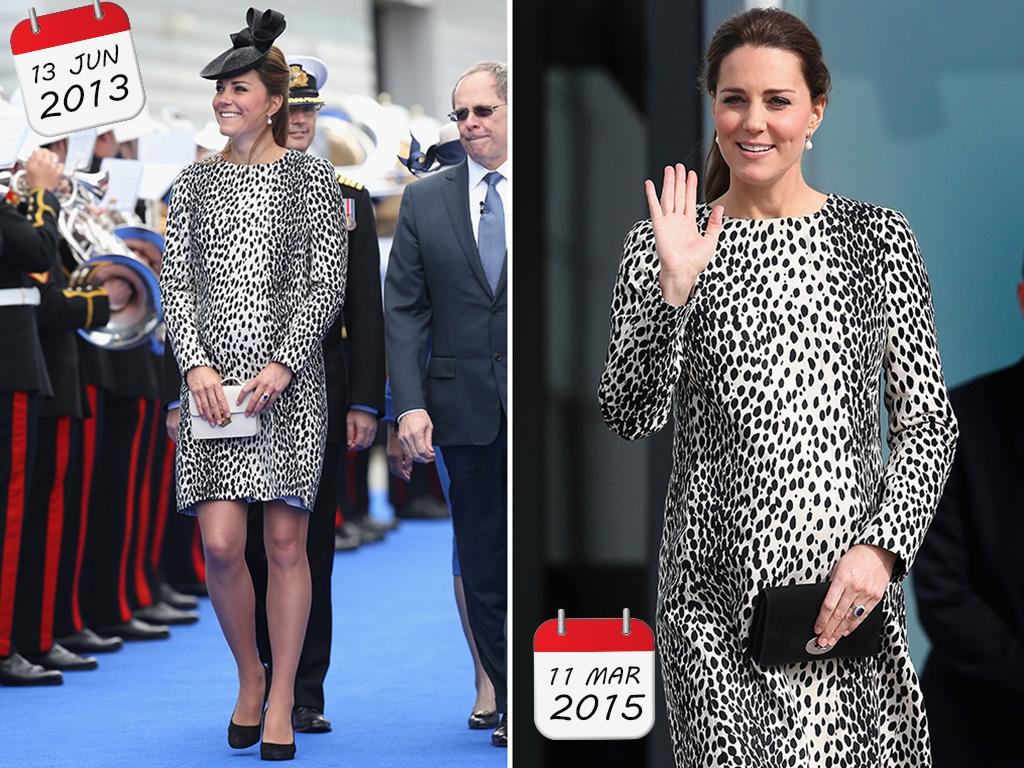 She’s known for recycling her outfits, but this similarity was easy to spot ... Catherine was glowing in this Hobbs dalmatian print dress during her first pregnancy with Prince George in 2013 then again on March 11, 2015. Picture: Getty