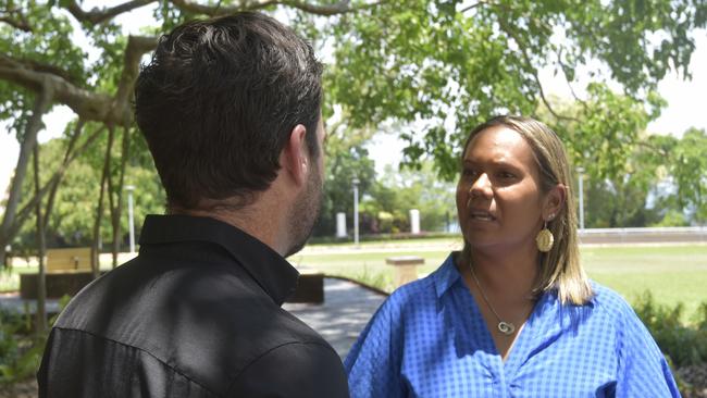 Opposition leader Selena Uibo and Shadow Attorney-General Chansey Paech speak to media outside Parliament House.