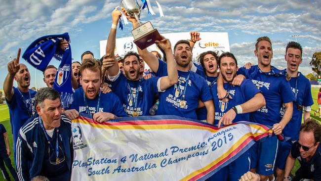 West Adelaide, pictured celebrating its 2015 National Premier Leagues SA title, plans to bid for a place in a proposed national second division. Picture: Adam Butler