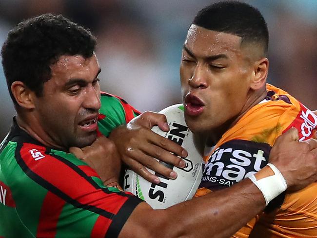 SYDNEY, AUSTRALIA - MAY 02: Jamayne Isaako of the Broncos is tackled during the round eight NRL match between the South Sydney Rabbitohs and the Brisbane Broncos at ANZ Stadium on May 02, 2019 in Sydney, Australia. (Photo by Cameron Spencer/Getty Images)