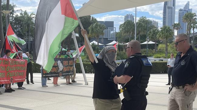 Protesters gather outside Gold Coast City Council chambers on Tuesday 28 May 24 to demand Council sever sister city ties with Netanya, Israel. Picture: Paul Weston