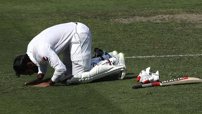 Mohammad Hafeez celebrates after reaching his century. Picture: Getty Images