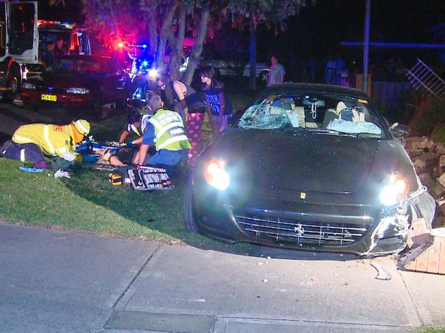 Another car, another drama: Mehajer’s Ferrari 612 Scaglietti after crashing on The Boulevard at Lidcombe in 2012, where two women were injured. Picture: Gordon McComiskie