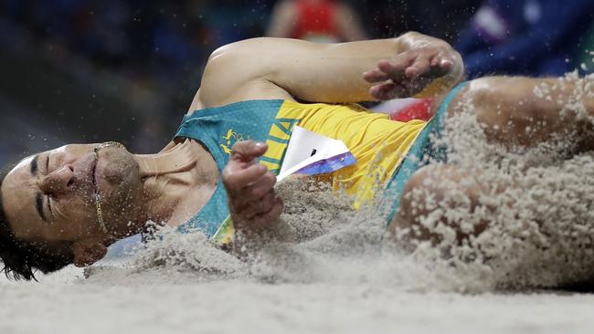 Australia's Fabrice Lapierre competes in a qualifying round of the men's long jump.