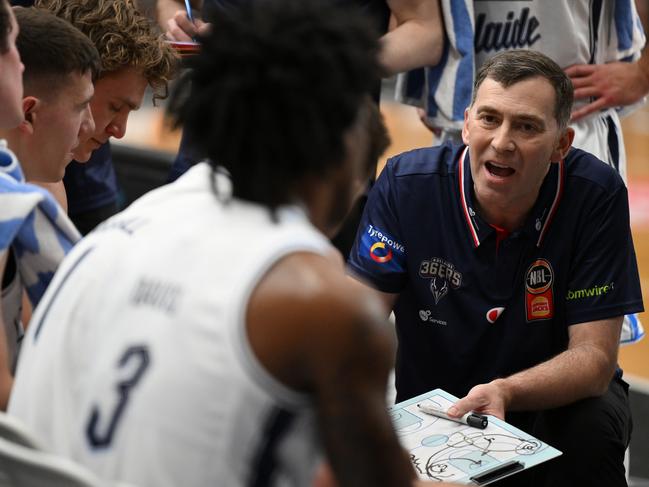 New 36ers coach Mike Wells was caught firing a spray to his players ahead of their first game of the season. Picture: Matt Roberts/Getty Images