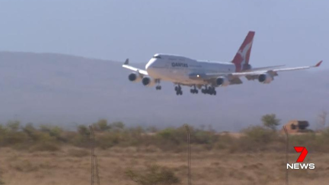 The first Qantas flight carrying Australian evacuees from coronavirus-hit Wuhan arrived in Learmonth, Western Australia, yesterday around 4pm local time. Picture: 7 News