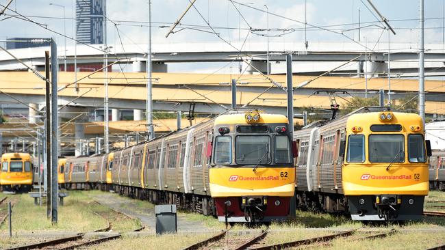 Queensland Rail trains are seen at the Mayne Rail Yard in Brisbane. Picture: AAP Image/Dan Peled