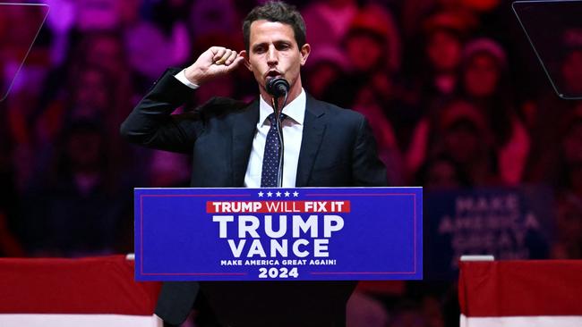 US comedian Tony Hinchcliffe speaks during a campaign rally for Donald Trump at Madison Square Garden in New York on October 27, 2024 where he made his infamous “garbage” remarks. (Photo by ANGELA WEISS / AFP)