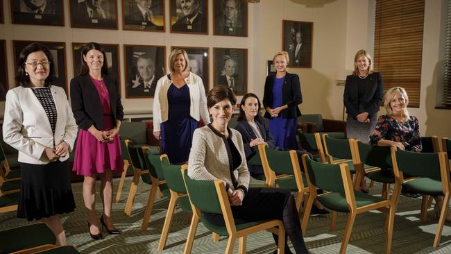 Gladys Liu, left, Fiona Martin, Bridget Archer, Celia Hammond, Katie Allen, Angie Bell and Melissa McIntosh represented 50 per cent of newly elected lower house Liberal MPs at the 2019 election. Picture: Sean Davey