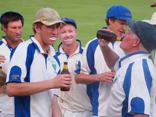 WHAT A FEELING!: Harwood captain Tim McMahon celebrates CRCA Premier League victory over Tucabia-Copmanhurst with teammates, including sons Ben and hayden McMahon, at Ellem Oval on Sunday. Photo: Bill North/The Daily Examiner