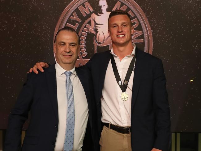 Winner of the Dally M Award Canberra's Jack Wighton with Peter V'landys.