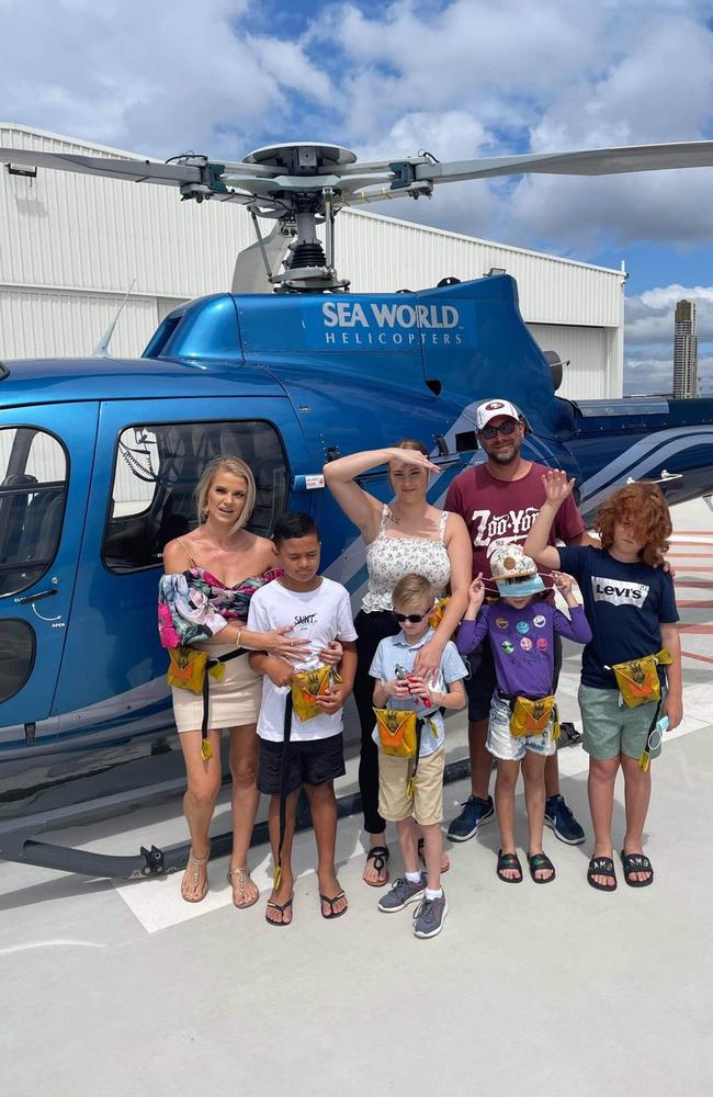 Kirstie Roche, Mason Sia, Jemma Lloyd, Tate Cameron, Christian Volka, Emily and Daniel Volka before their flight with Ashley Jenkinson. Picture: Ashley Jenkinson