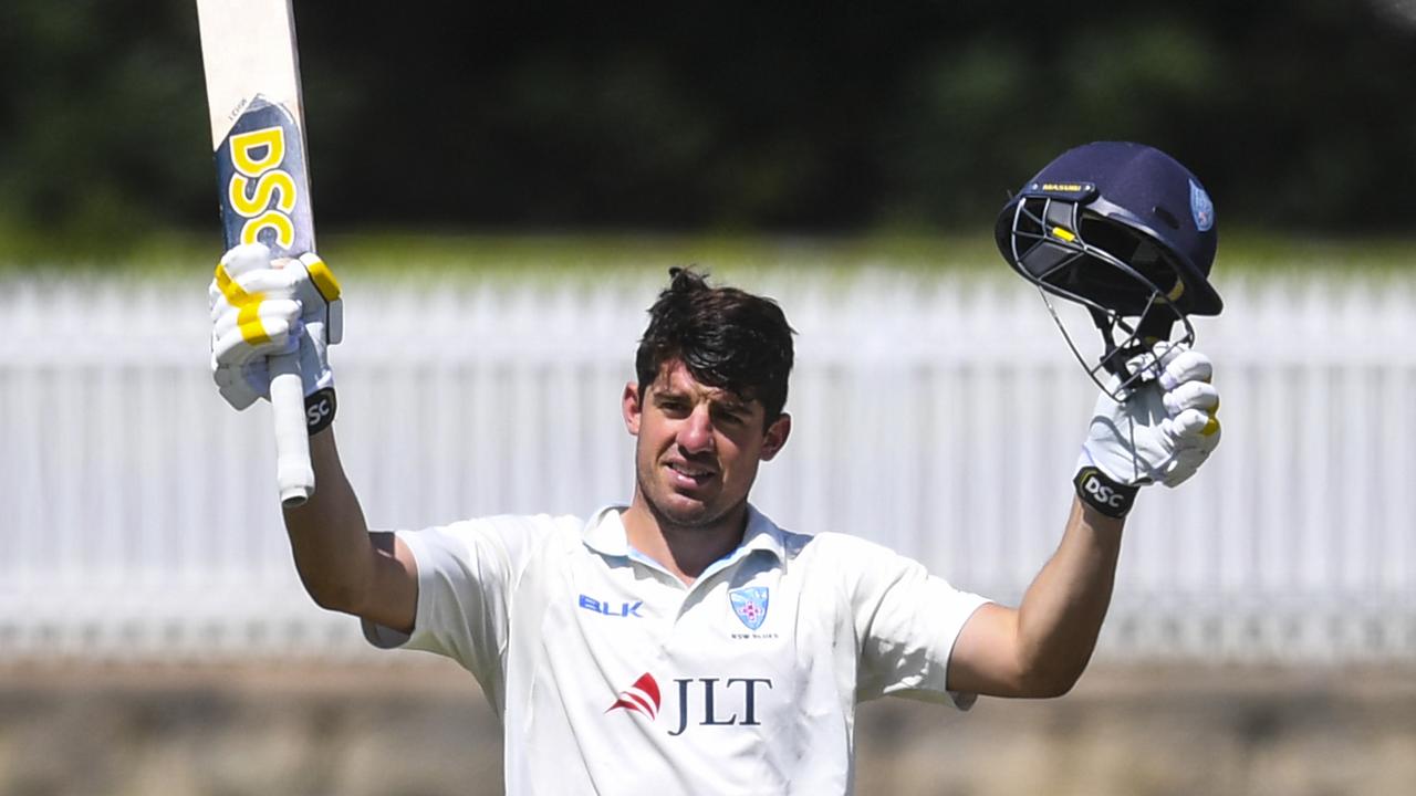 Moises Henriques celebrates scoring a century for NSW – but he’ll need to return to bowling to revive Test hopes. Picture: AAP